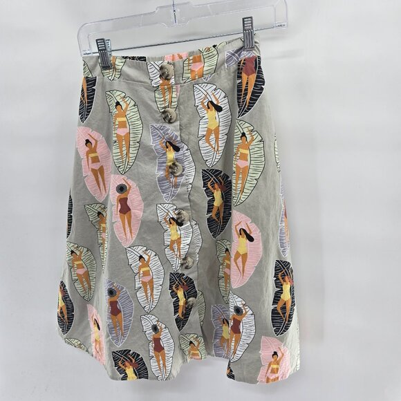 Eva Franco Sunbather Button Front Side Zipper Lined A-Line Cotton Midi Skirt 4 - Picture 1 of 8